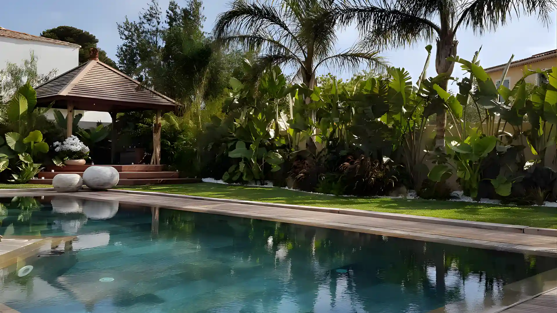 Aménagement paysager d'un Mas Provençal rénové : piscine aux reflets émeraude et terrasse en bois pour une propriété de luxe dans le Var (Hyères).