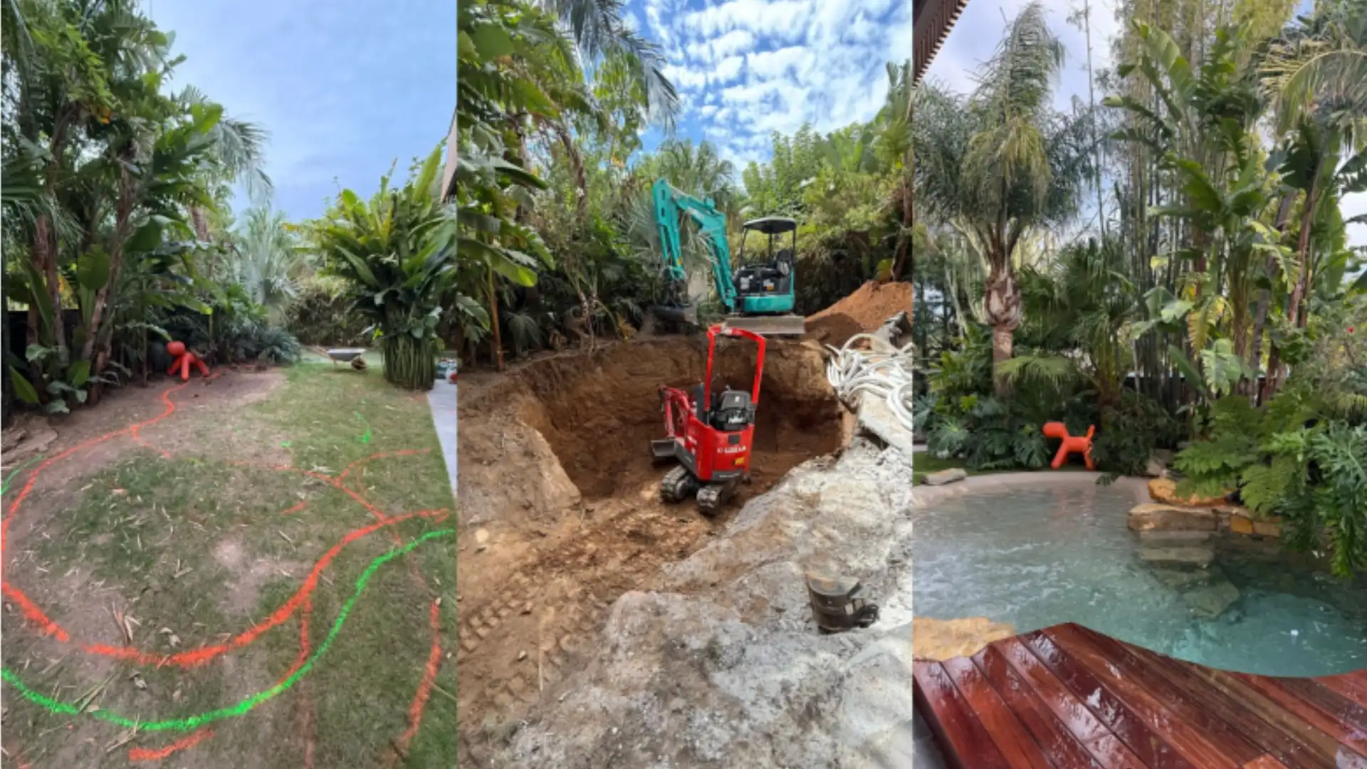 Montage avant pendant après d’un lagon : traçage, terrassement et lagon final dans un jardin exotique à Hyères