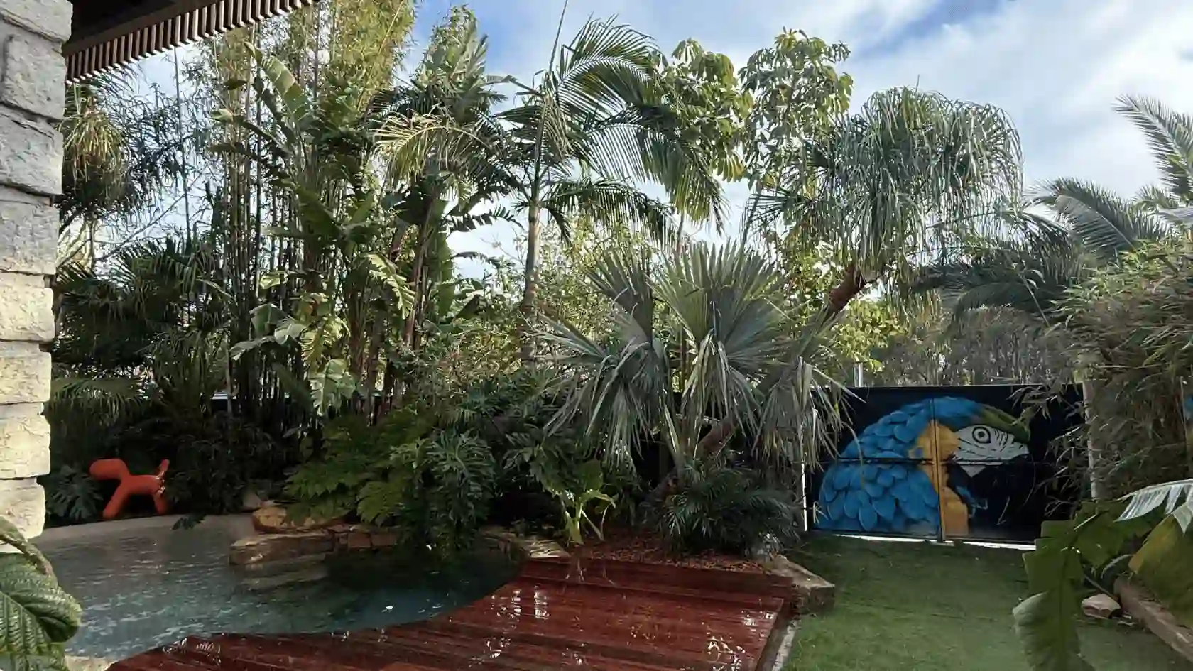 Création de piscine lagon par L'Empreinte Verte : bassin naturel entouré d'une jungle de plantes tropicales et d'une terrasse en bois exotique pour une ambiance dépaysante dans le Var.