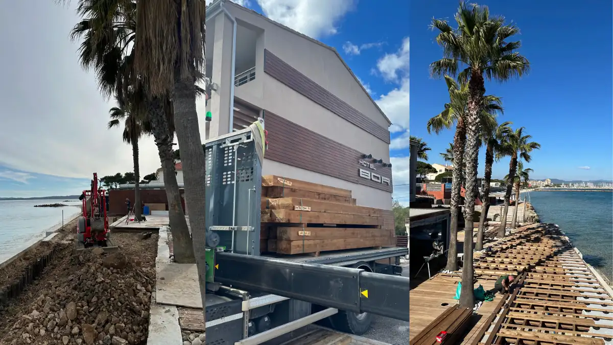 Étapes de construction d'une terrasse en bois par L'Empreinte Verte : livraison de bois exotique par camion-grue et montage de la structure technique sur plots à Hyères pour l'hôtel Bor.