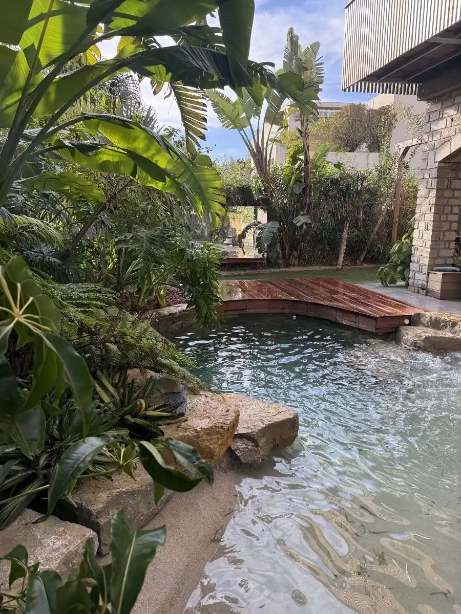 Lagon privé terminé Hyères Var vue jardin tropical terrasse bois