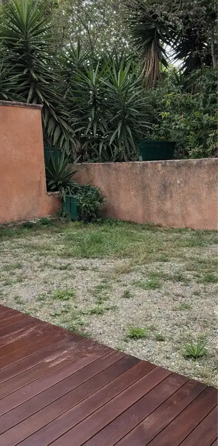 Jardin avant travaux à Carqueiranne : pelouse clairsemée et mur sans mise en valeur avant aménagement paysager exotique